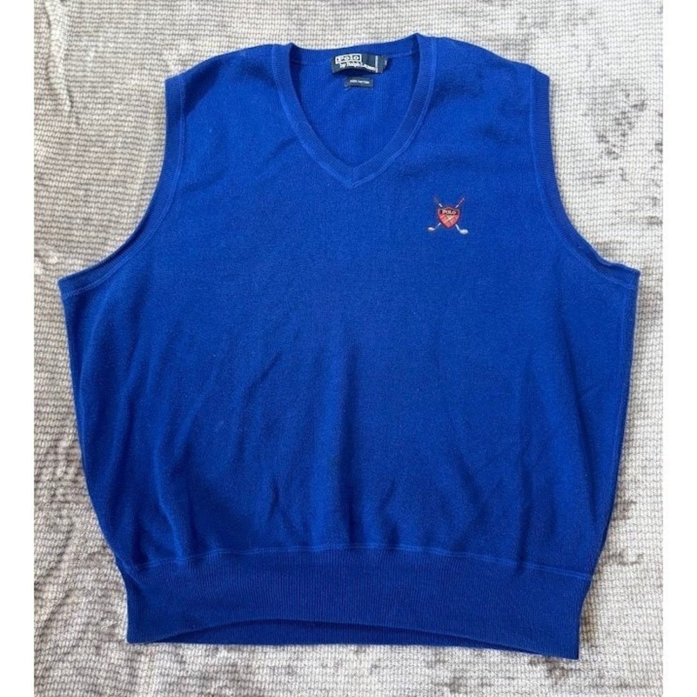 Vintage Polo Ralph Lauren Mens Blue Cotton V-Neck Sweater Vest Golf Crest XL